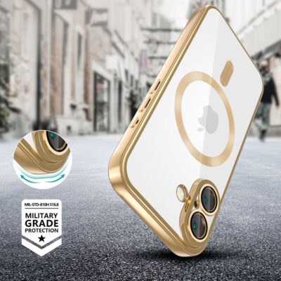 Auksinis dėklas Apple Iphone SE 4 2025 Tech-Protect Magflex Magsafe su skaidriu viduriu ir militarinės apsaugos ženklu