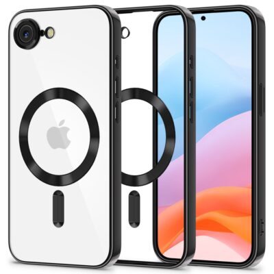 Juodas dėklas Apple Iphone SE 4 2025 su magnetiniu MagSafe žiedu ir permatoma nugarėle