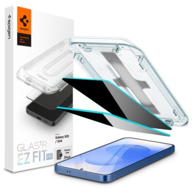 Privatumo apsauginis ekrano stikliukas Samsung Galaxy S24 S25 Spigen Glass Tr Ez Fit HD Privacy 2-Pack su skaidriu įtaiso diegimo rėmeliu ir juodais stikliukais
