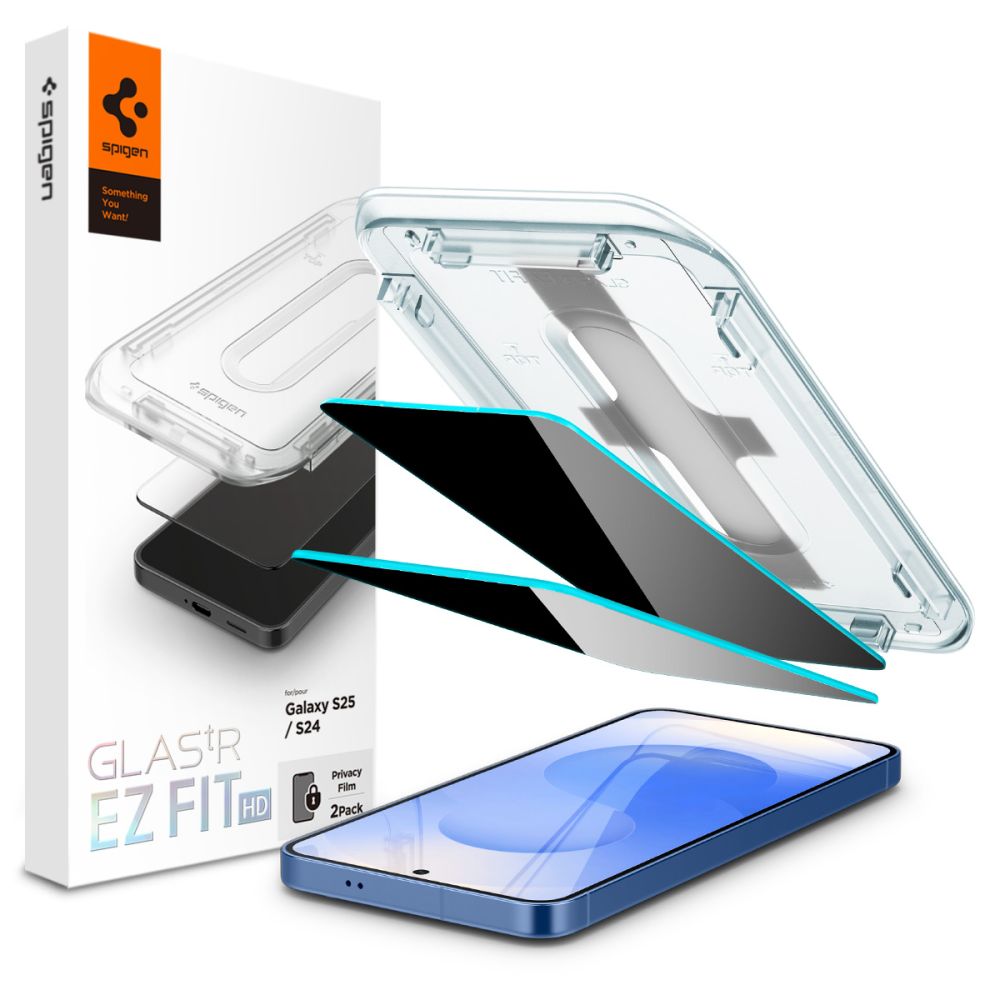 Privatumo apsauginis ekrano stikliukas Samsung Galaxy S24 S25 Spigen Glass Tr Ez Fit HD Privacy 2-Pack Privatumo apsauginis ekrano stikliukas Samsung Galaxy S24 S25 Spigen Glass Tr Ez Fit HD Privacy 2-Pack su skaidriu įtaiso diegimo rėmeliu ir juodais stikliukais