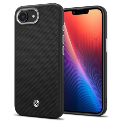 Juodas matinis dėklas Apple Iphone 16E su austiniu raštu ir metaliniu akcentu