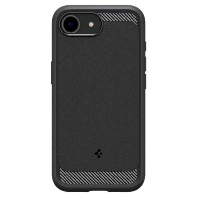 Juodas matinis dėklas Apple Iphone 16E Spigen Rugged Armor MagSafe su anglies pluošto detale kameros srityje