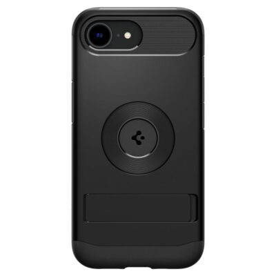 Juodas dėklas Apple iPhone 16E Spigen Slim Armor Magsafe su tekstūruota viršutine dalimi ir laikikliu