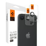 Juodas apsauginis stiklas galinei kamerai Apple Iphone 16E Spigen Optik TR Ez Fit 2Pack ant telefono ir pakuotės