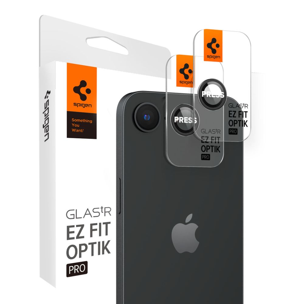 Juodas apsauginis stiklas galinei kamerai Apple Iphone 16E Juodas apsauginis stiklas galinei kamerai Apple Iphone 16E Spigen Optik TR Ez Fit 2Pack ant telefono ir pakuotės