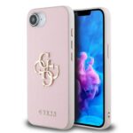 Rožinis originalus dėklas Guess PU Grained 4G Metal Logo telefonui Apple iPhone 16e su metaliniu logotipu