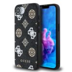 Juodas dėklas Guess PU 4G Peony MagSafe telefonui Apple Iphone 16e su baltais ir rusvais ornamentais