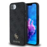 Pilkas dėklas Apple Iphone 16e Guess su PU paviršiumi ir metaliniu logotipu