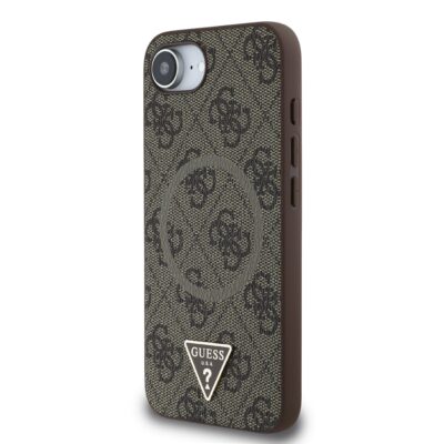 Rudas originalus dėklas Guess PU 4G Strass Triangle Metal Logo telefonui Apple iPhone 16e su raštu ir metaliniu logotipu