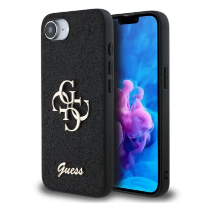 Juodas originalus dėklas Guess PU Fixed Glitter 4G Metal Logo telefonui Apple iPhone 16e su smulkia blizgančia tekstūra ir metaliniu logotipu