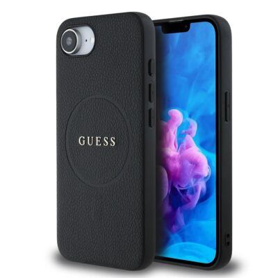 Juodas dėklas Guess PU Grained Classic Logo MagSafe telefonui Apple iPhone 16e su tekstūruota oda ir logotipu