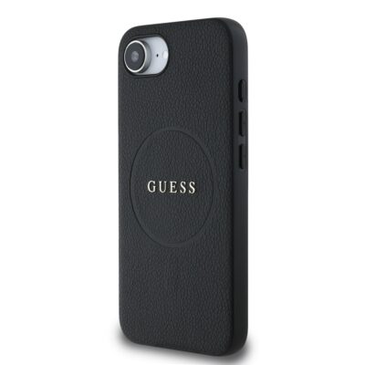 Juodas dėklas Guess PU Grained Classic Logo MagSafe telefonui Apple iPhone 16e tekstūruota oda