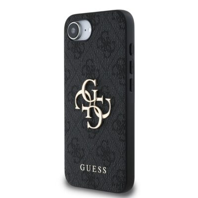 Pilkas originalus dėklas Guess PU 4G Metal Logo telefonui Apple Iphone 16e su metaliniu logotipu
