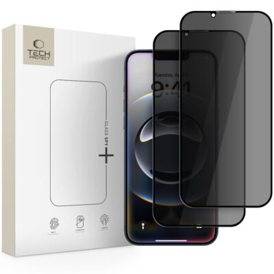 Juodas apsauginis ekrano stikliukas Apple Iphone 16e TECH-PROTECT GLASS SPY 2-PACK komplekte su įpakavimu ir dviem stikliukais