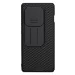 Juodas dėklas OnePlus 13R Nillkin Camshield su uždaroma kamera ir dryžuota tekstūra