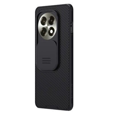 Juodas dėklas OnePlus 13R Nillkin Camshield su slystamo uždengimo kamera ir tekstūruota paviršiaus dalimi