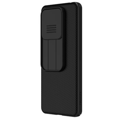 Juodas dėklas Xiaomi Redmi Redmi Note 14 5G Nillkin Camshield su kameros apsauga ir tekstūruota paviršiaus dalis