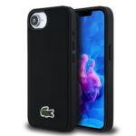 Juodas originalus dėklas Lacoste Iconic Petit Pique Woven Logo telefonui Apple iPhone 16e su raštu ir siuvinėtu krokodilo logotipu