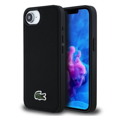 Juodas originalus dėklas Lacoste Iconic Petit Pique Woven Logo telefonui Apple iPhone 16e su raštu ir siuvinėtu krokodilo logotipu