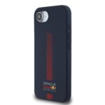 Juodas dėklas Apple Iphone 16e Red Bull Silicone Powerbar MagSafe su raudonais dryžiais ir Oracle Red Bull racing logotipu