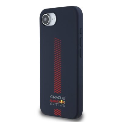 Juodas dėklas Apple Iphone 16e Red Bull Silicone Powerbar MagSafe su raudonais dryžiais ir Oracle Red Bull racing logotipu
