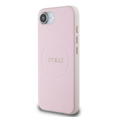 Rozinis dekals Guess PU Grained Classic Logo MagSafe telefonui Apple iPhone 16e su tekstura ir logo