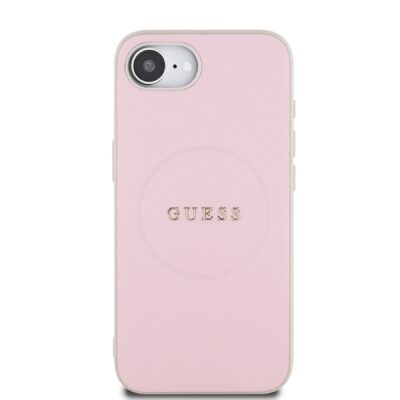 Rozinis deklas Guess PU Grained Classic Logo MagSafe telefonui Apple iPhone 16e pagamintas is teksturos turincios rusvos odos medziagos