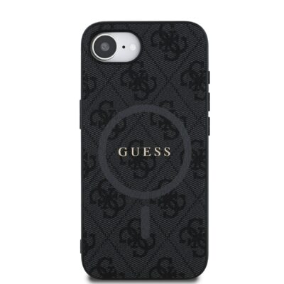 Juodas dėklas Guess PU Leather 4G Colored Ring MagSafe telefonui Apple iPhone 16e su raštu ir logotipu