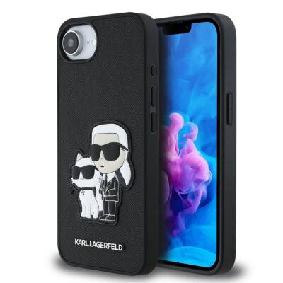 Juodas originalus dėklas Karl Lagerfeld PU Saffiano su Karl ir Choupette piešiniu Apple Iphone 16e telefonui