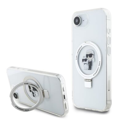 Baltas deklas Karl Lagerfeld Ringstand Karl and Choupette MagSafe telefonui Apple iPhone 16e su metaliniu apskritimu ir animaciniu piešiniu