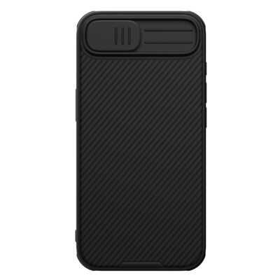 Juodas dėklas Apple iPhone 16e Nillkin Camshield su linijinėmis tekstūromis ir uždengiamu kameros skydu