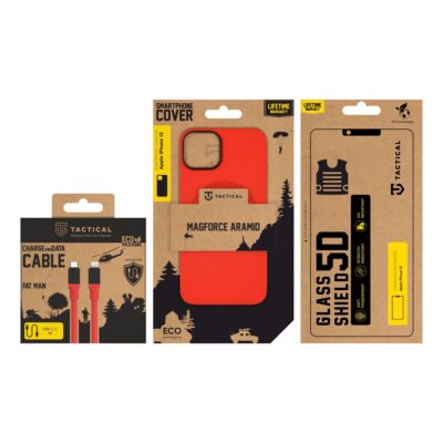 Rinkinys skirtas Apple Iphone 13 Tactical Red Limited Edition Combo: raudonas telefono dėklas, įkrovimo laidas ir apsauginis stiklas