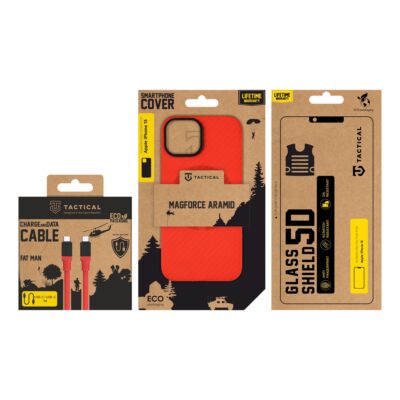 Rinkinys skirtas Apple Iphone 15 Tactical Red Limited Edition Combo su raudonu Magforce Aramid dėklu, USB-C krovimo laidu ir Glass 5D Shield apsauga
