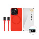 rinkinys skirtas apple iphone 15 pro tactical red limited edition combo raudonas deklas su magnetiniu ziedu ir raudonas usb c kabelis