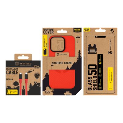 Rinkinys skirtas Apple Iphone 15 Pro Tactical Red Limited Edition Combo su raudonu telefono dėklu, USB-C kabeliu ir apsauginiu stiklu