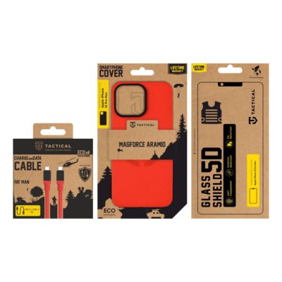 Rinkinys skirtas Apple Iphone 15 Pro Max Tactical Red Limited Edition Combo su raudonu Magforce Aramid dėklu, du USB-C laidai ir apsauginiu stiklu