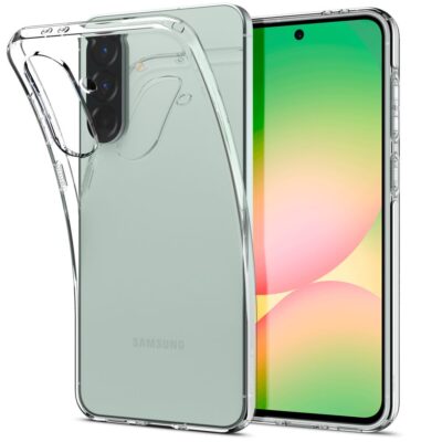 Skaidrus dėklas Samsung A56 5G Spigen Liquid Crystal aplink telefoną su matomu fotoaparato skyriumi ir ekranu