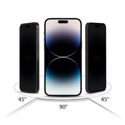 Juodas apsauginis ekrano stikliukas Samsung A36 5G ir A56 5G, rodantis matomumą tiesiai ir 45 laipsnių kampu