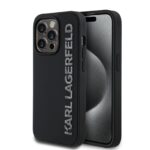Juodas dėklas Karl Lagerfeld 3D Rubber Glitter Logo Karl telefonui Apple Iphone 14 Pro su blizgiu sidabriniu logotipu