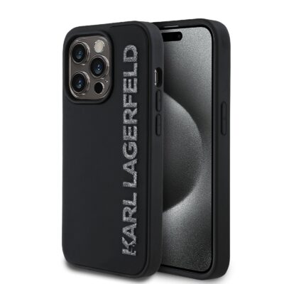 Juodas dėklas Karl Lagerfeld 3D Rubber Glitter Logo Karl telefonui Apple Iphone 14 Pro su blizgiu sidabriniu logotipu