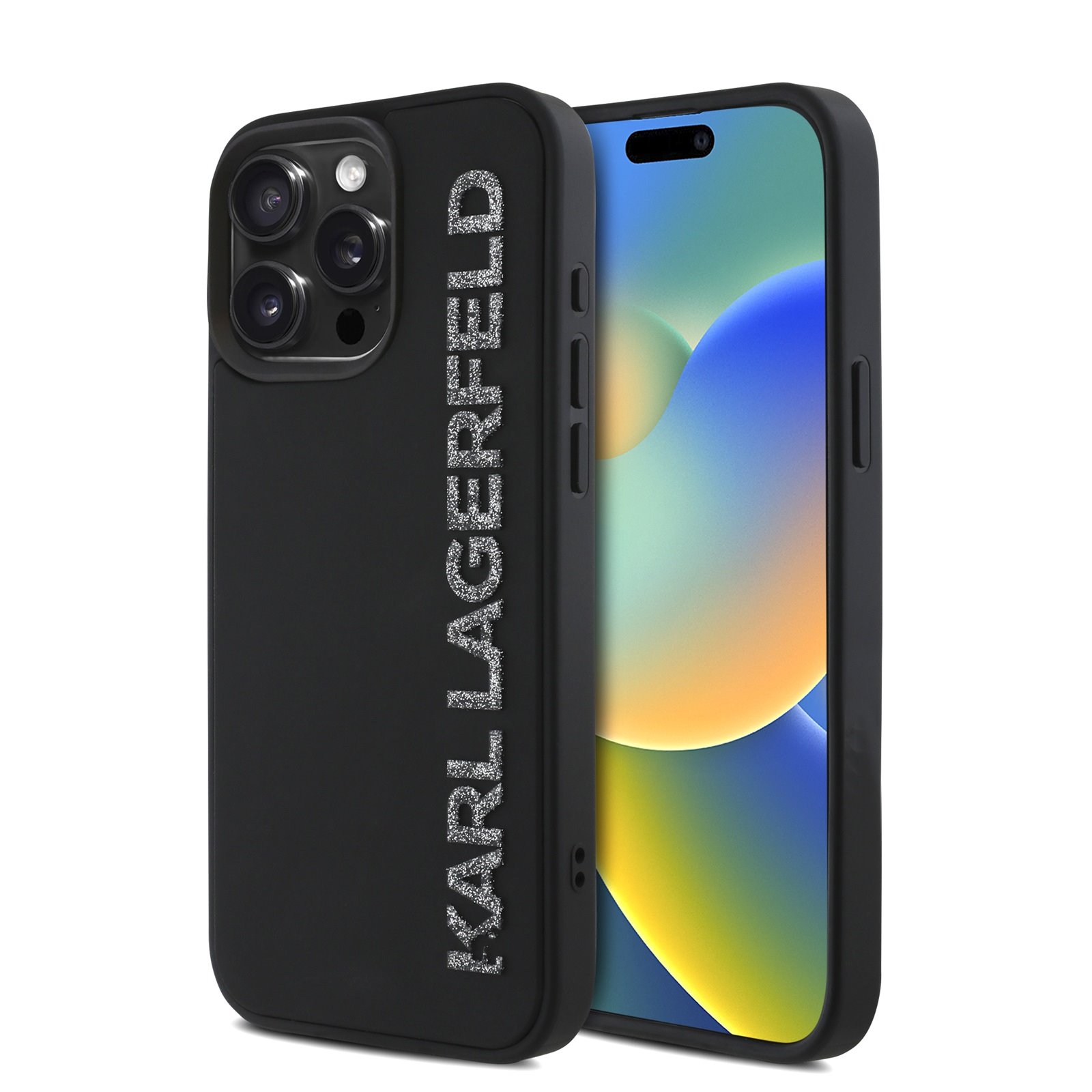 Juodas dėklas Karl Lagerfeld 3D Rubber Glitter Logo Karl Juodas dėklas Karl Lagerfeld 3D Rubber Glitter Logo Karl telefonui Apple Iphone 15 Pro Max su blizgiu logotipu