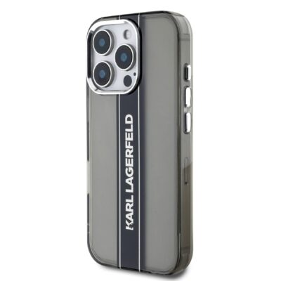 Juodas dėklas telefonui Apple Iphone 16 Pro Karl Lagerfeld IML Stripe Logo su logotipu ir skaidria puse