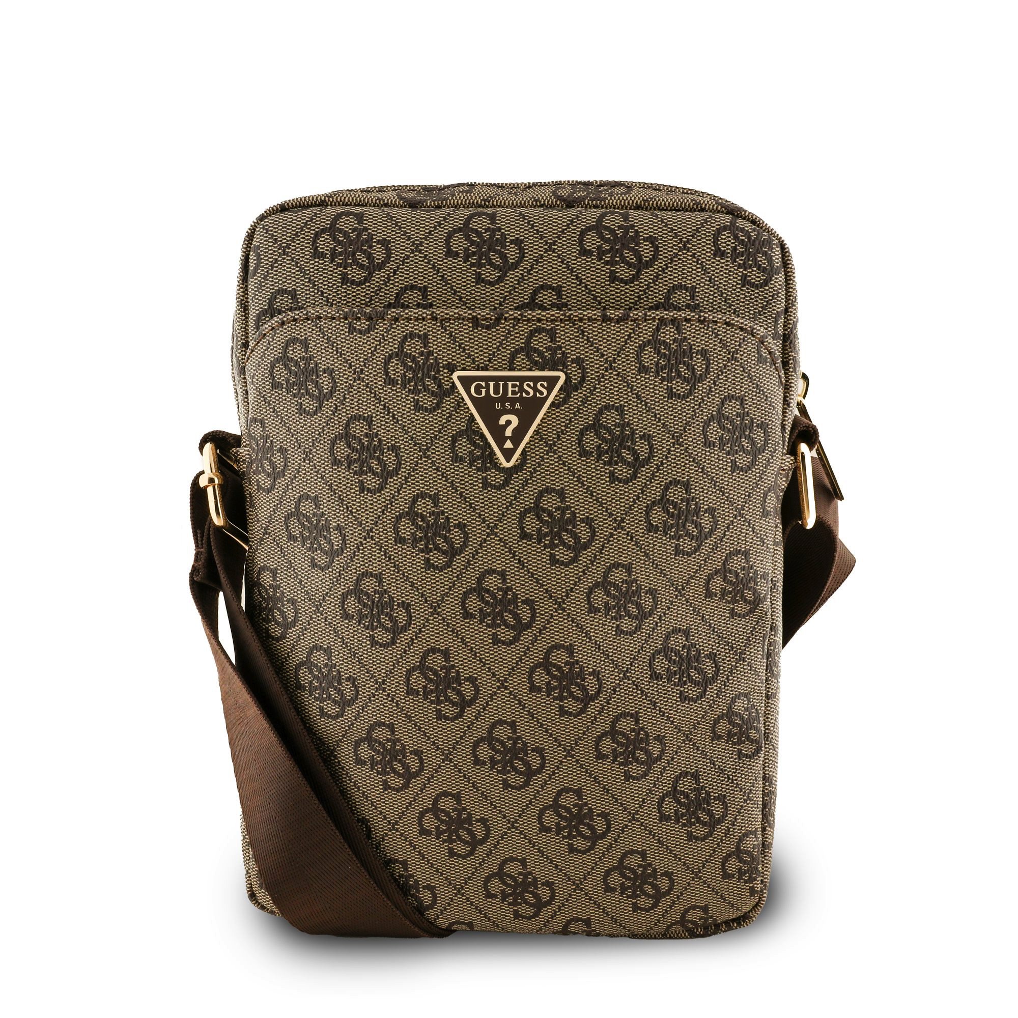 Rudas krepšys Guess PU 4G Triangle Logo Bag 8 Rudas krepšys Guess PU 4G Triangle Logo Bag 8 su tamsiai rudos spalvos petneša ir logotipu priekyje