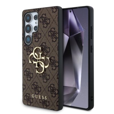 Rudas originalus dėklas Guess PU 4G Metal Logo telefonui Samsung Galaxy S25 Ultra