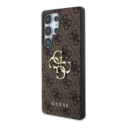 Rudas originalus dėklas Guess PU 4G Metal Logo telefonui Samsung Galaxy S25 Ultra su auksiniu logotipu