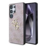 Rausvas originalus dėklas Guess PU 4G Metal Logo telefonui Samsung Galaxy S25 Ultra su raštu ir auksiniu logotipu