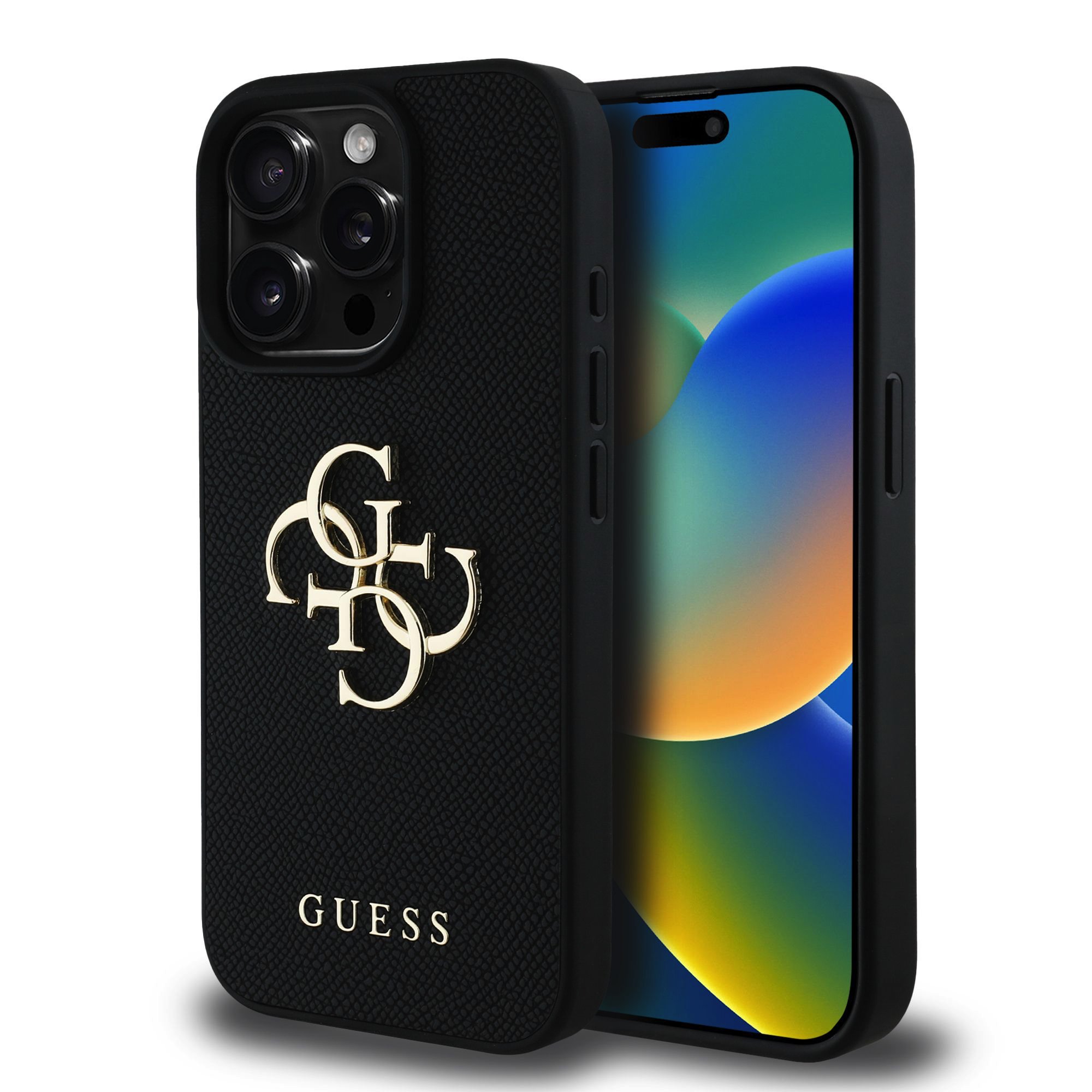 Juodas originalus dėklas Guess PU Grained 4G Metal Logo telefonui Apple iPhone 15 Pro Juodas originalus dėklas Guess PU grained 4G metal logo telefonui Apple iPhone 15 Pro su tekstūruota medžiaga ir auksiniu logotipu