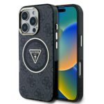 Juodas originalus dėklas Guess IML 4G Glitter and Triangle Logo MagSafe skaidrus išmaniojo telefono Apple Iphone 16 Pro Max