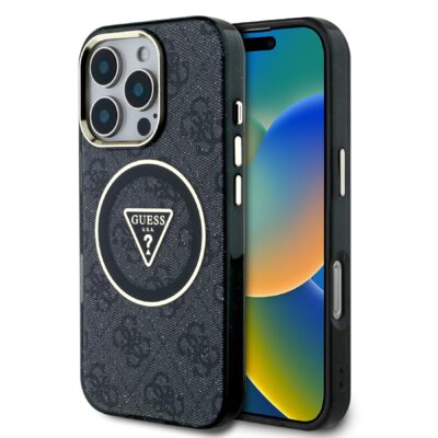 Juodas originalus dėklas Guess IML 4G Glitter and Triangle Logo MagSafe skaidrus išmaniojo telefono Apple Iphone 16 Pro Max