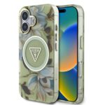 Žalias dėklas Guess IML Glitter Magnolia ir trikampio logotipas MagSafe telefonui Apple iPhone 16 su gėlėmis